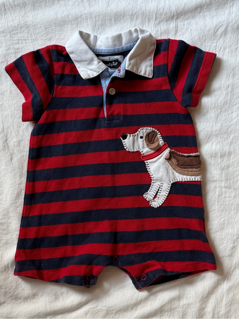 Mud Pie Baby 6-9M Red Navy Striped Polo Romper Puppy Dog Appliqué